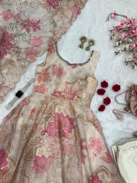 Festival Ready Cream Digital Print Organza Anarkali Suit for Import-Export Buyers  Anarkali Kurtis 