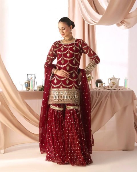 Festival ready Red Embroidered Sharara Suit with 5mm Sequin Work for Ethnic Wear Ready To Wear Collection