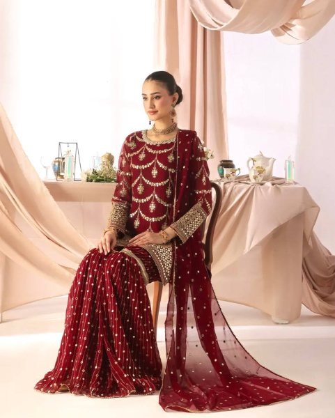 Festival ready Red Embroidered Sharara Suit with 5mm Sequin Work for Ethnic Wear Ready To Wear Collection