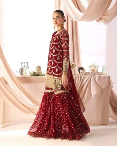 Festival ready Red Embroidered Sharara Suit with 5mm Sequin Work for Ethnic Wear Ready To Wear Collection