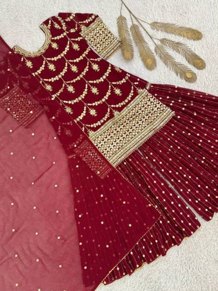 Festival ready Red Embroidered Sharara Suit with 5mm Sequin Work for Ethnic Wear Ready To Wear Collection