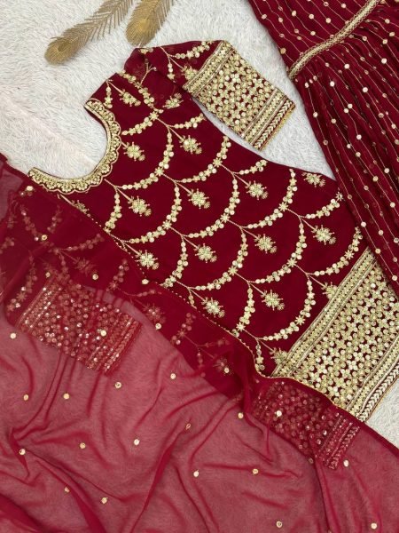 Festival ready Red Embroidered Sharara Suit with 5mm Sequin Work for Ethnic Wear Ready To Wear Collection