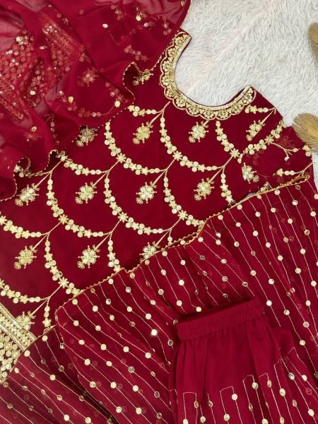 Festival ready Red Embroidered Sharara Suit with 5mm Sequin Work for Ethnic Wear Ready To Wear Collection
