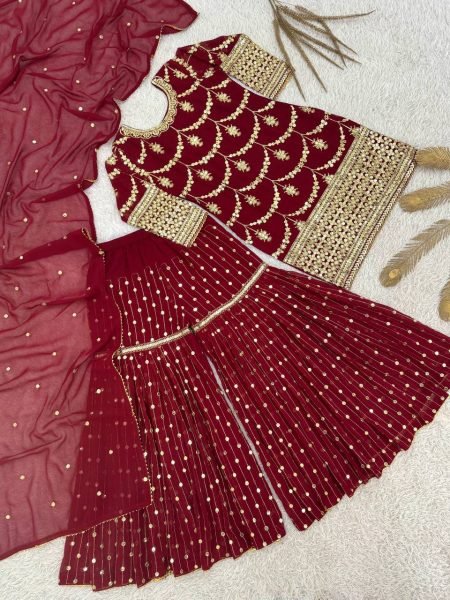Festival ready Red Embroidered Sharara Suit with 5mm Sequin Work for Ethnic Wear Ready To Wear Collection