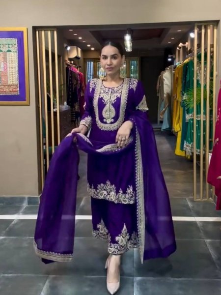 Festival Special Chinnon Silk Suit Set with Heavy Sequin Embroidery Fully Stitched Top Bottom   Dupatta Ready to Wear 