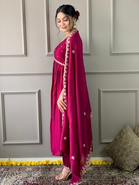 Festival Special Embroidery Work Kurti Pant With Dupatta  3 Piece Kurti Set