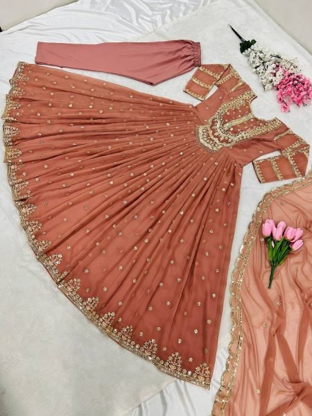 Festival Wear Faux Georgette Embroidery Work Gown Pant With Dupatta  Ready To Wear Collection