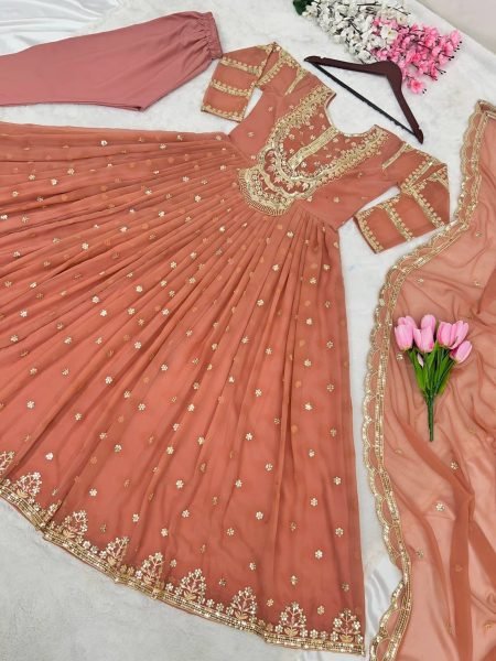 Festival Wear Faux Georgette Embroidery Work Gown Pant With Dupatta  Ready To Wear Collection