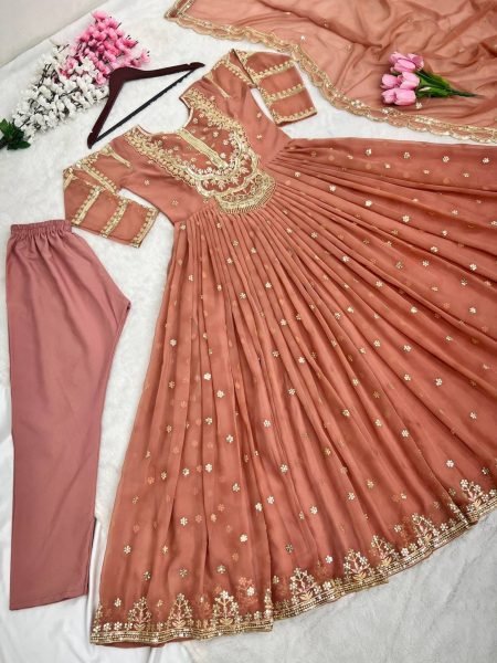 Festival Wear Faux Georgette Embroidery Work Gown Pant With Dupatta  Ready To Wear Collection