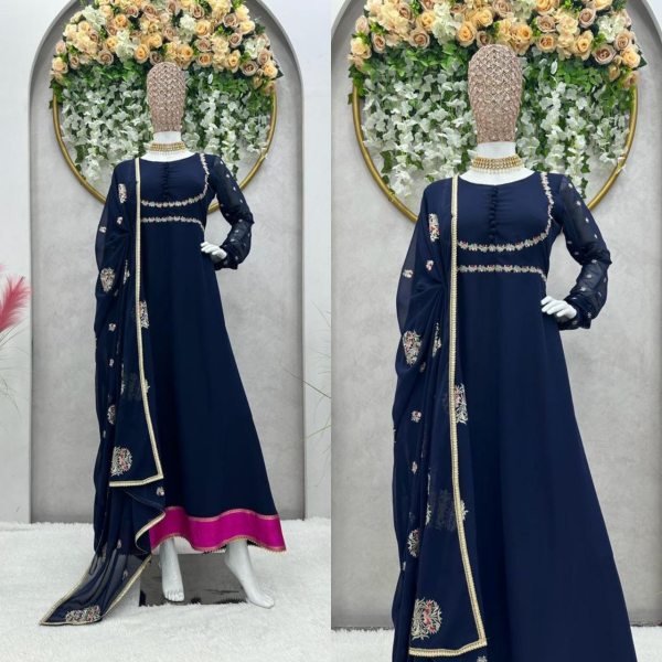 Festival Wear Georgette Thred Work Gown With Dupatta Kurti With Dupatta Wholesale