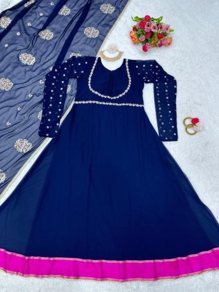 Festival Wear Georgette Thred Work Gown With Dupatta Kurti With Dupatta Wholesale