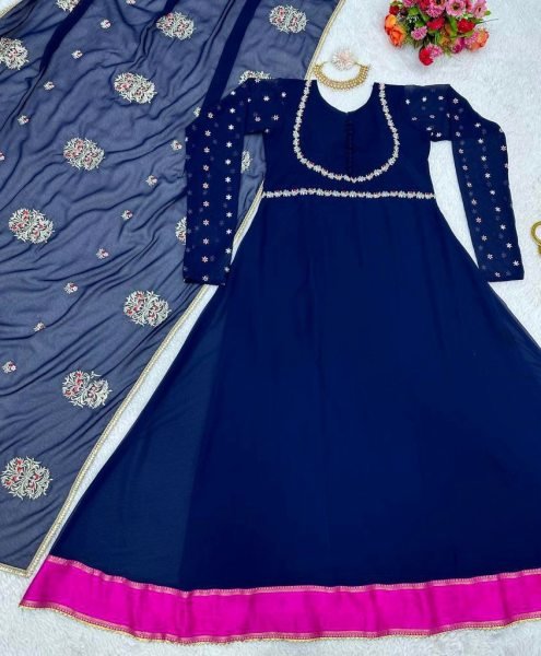 Festival Wear Georgette Thred Work Gown With Dupatta Kurti With Dupatta Wholesale