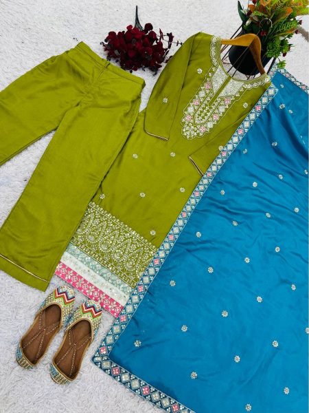 Festival Wear Green Chinon Silk Kurti set with Embroidery Sequence work   Ready To Wear Collection