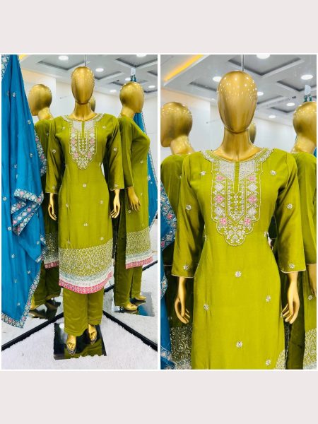 Festival Wear Green Chinon Silk Kurti set with Embroidery Sequence work   Ready To Wear Collection