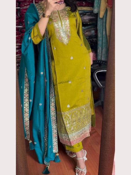 Festival Wear Green Chinon Silk Kurti set with Embroidery Sequence work   Ready To Wear Collection