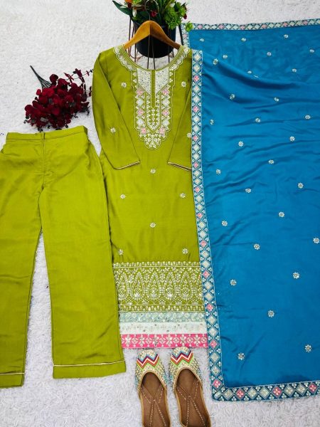 Festival Wear Green Chinon Silk Kurti set with Embroidery Sequence work   Ready To Wear Collection