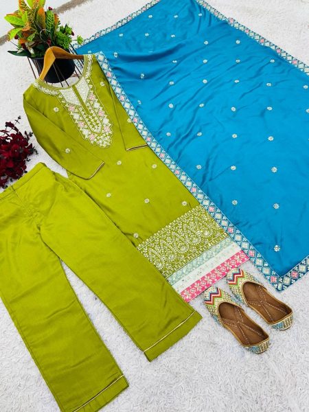 Festival Wear Green Chinon Silk Kurti set with Embroidery Sequence work   Ready To Wear Collection