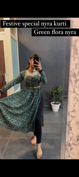 Festival Wear Green Floral Nayra Cut Kurti  Ready To Wear Collection