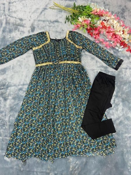 Festival Wear Green Floral Nayra Cut Kurti  Ready To Wear Collection