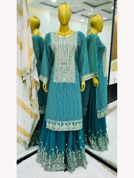 Festival Wear Heavy Faux Georgette Sharara Suits With Embroidery Work  Ready To Wear Collection