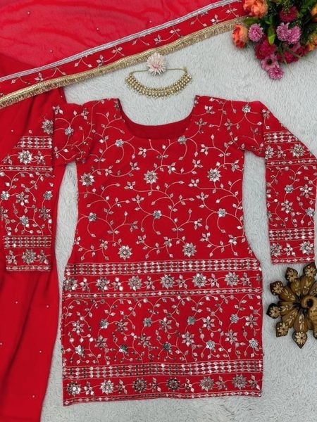 Festival Wear Red FauxGeorgette Sharara Suit  3 Piece Kurti Set