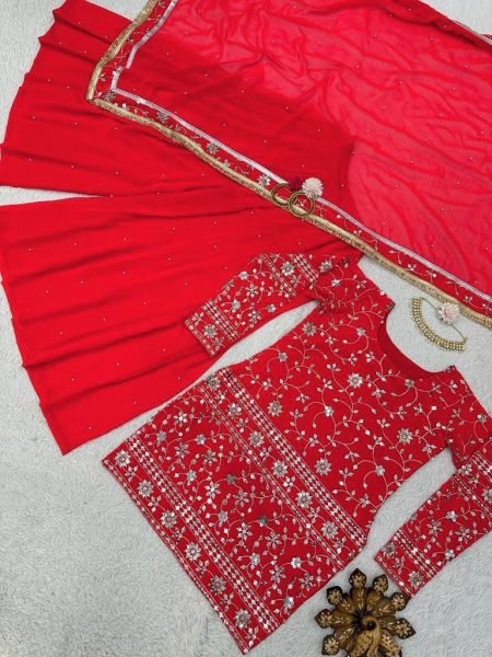 Festival Wear Red FauxGeorgette Sharara Suit  3 Piece Kurti Set