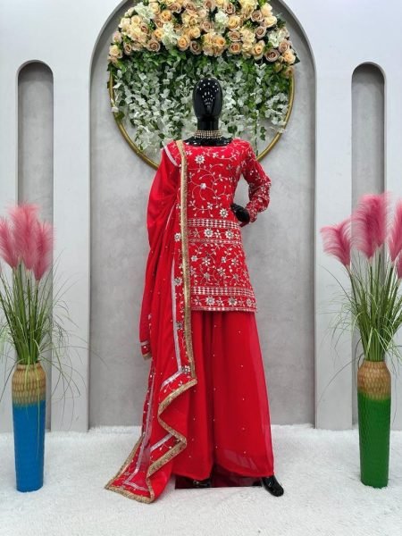 Festival Wear Red FauxGeorgette Sharara Suit  3 Piece Kurti Set