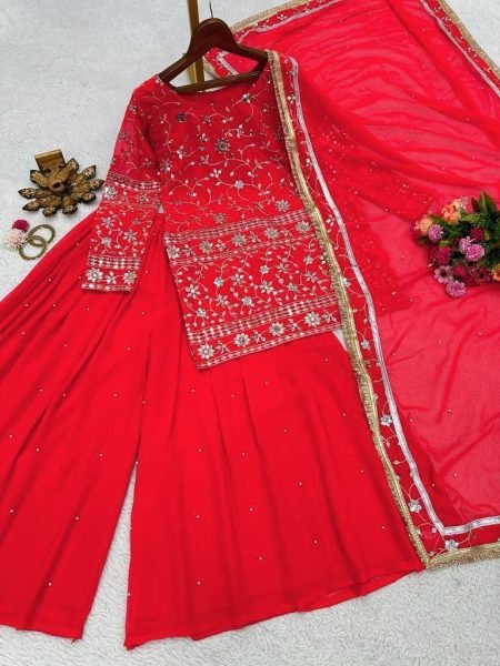 Festival Wear Red FauxGeorgette Sharara Suit  3 Piece Kurti Set
