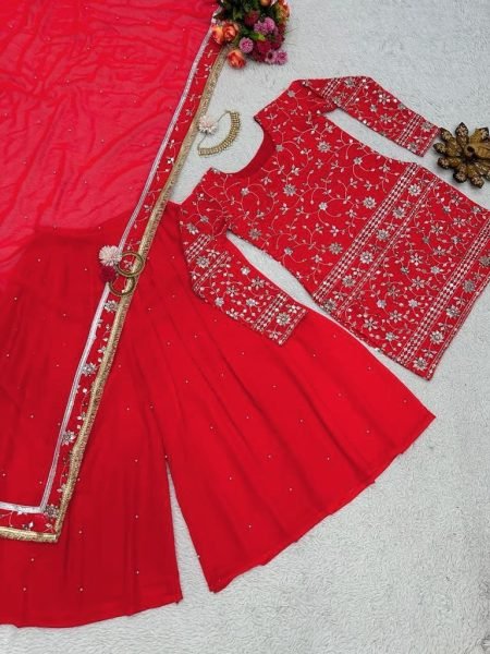 Festival Wear Red FauxGeorgette Sharara Suit  3 Piece Kurti Set