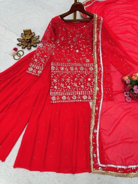 Festival Wear Red FauxGeorgette Sharara Suit  3 Piece Kurti Set