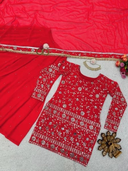 Festival Wear Red FauxGeorgette Sharara Suit  3 Piece Kurti Set