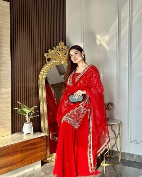 Festival Wear Red FauxGeorgette Sharara Suit  3 Piece Kurti Set