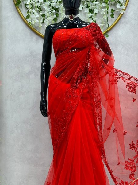 Festival Wear Red Net Saree With Sequence Pearl Work  Net Sarees Wholesale