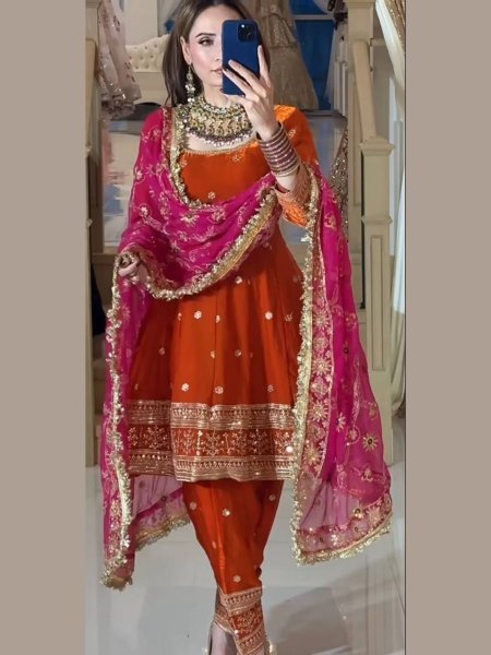 Festive Charm Orange Fully Stitch Farshi Salwar Set with Sequins Work with Dupatta for Reseller 