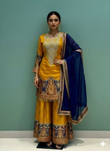 Festive-charm Yellow Ready to Wear Mirror & Embroidery Work Top-Plazzo-Dupatta Set with Digital Print for Wedding Wear Ready To Wear Collection