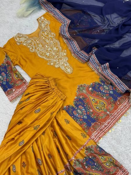 Festive-charm Yellow Ready to Wear Mirror & Embroidery Work Top-Plazzo-Dupatta Set with Digital Print for Wedding Wear Ready To Wear Collection