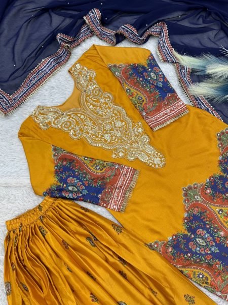 Festive-charm Yellow Ready to Wear Mirror & Embroidery Work Top-Plazzo-Dupatta Set with Digital Print for Wedding Wear Ready To Wear Collection