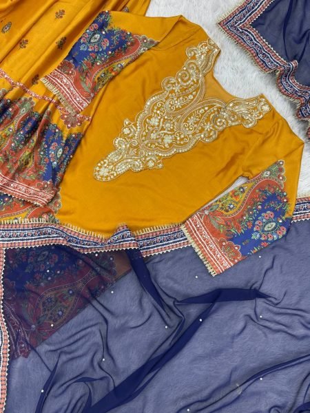Festive-charm Yellow Ready to Wear Mirror & Embroidery Work Top-Plazzo-Dupatta Set with Digital Print for Wedding Wear Ready To Wear Collection