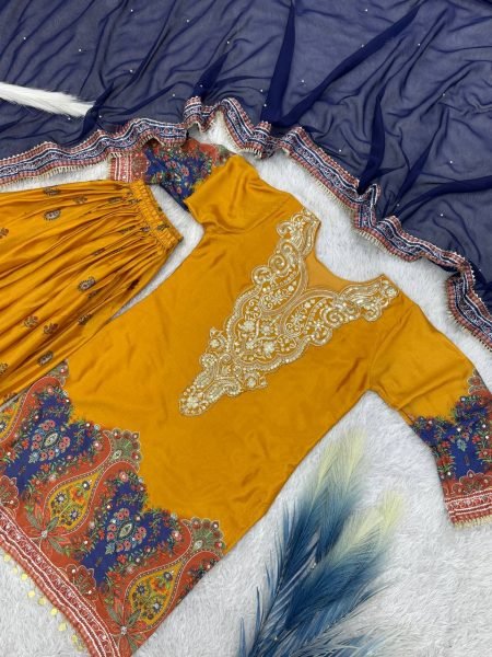 Festive-charm Yellow Ready to Wear Mirror & Embroidery Work Top-Plazzo-Dupatta Set with Digital Print for Wedding Wear Ready To Wear Collection