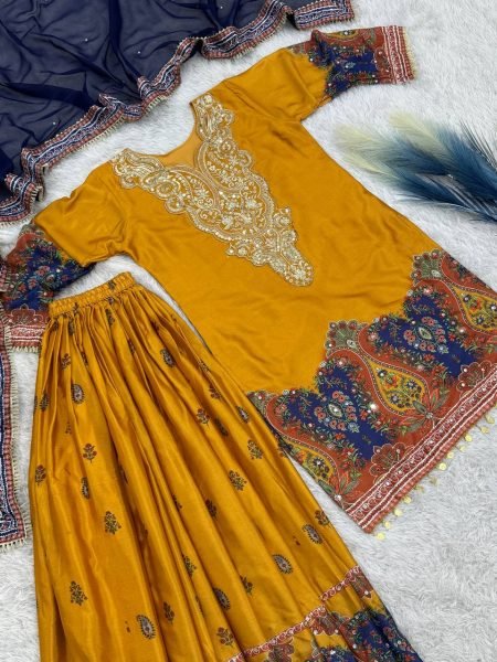 Festive-charm Yellow Ready to Wear Mirror & Embroidery Work Top-Plazzo-Dupatta Set with Digital Print for Wedding Wear Ready To Wear Collection