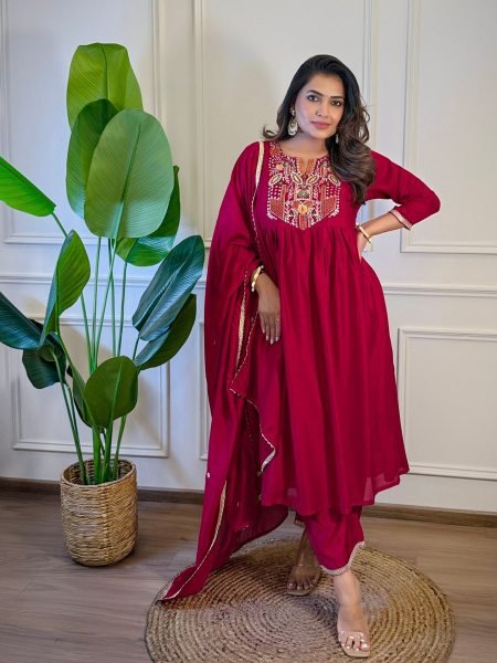 Festive Elegance in Red Embroidered Vichitra Silk Kurti with Chinon Dupatta Set 3 Piece Kurti Set
