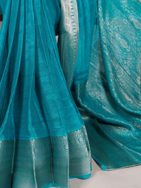 Festive Glamour Teal Blue Chinon Saree with All Over Zari   Statement Style Silk Sarees Wholesale