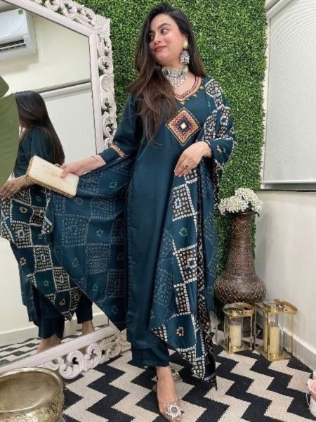 Festive Kurti Set in Teal Bandhej Pattern  &  Ready to Wear Statement Look 3 Piece Kurti Set
