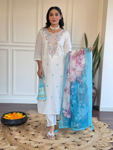 Festive  Party Wear  Reception White color Viscose fabric Suit Set  3 Piece Kurti Set