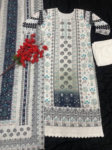 Festive, Party Wear White 3 pair kurti Suit  With Maslin fabric with digital prints Georgette Dupatta 3 Piece Kurti Set