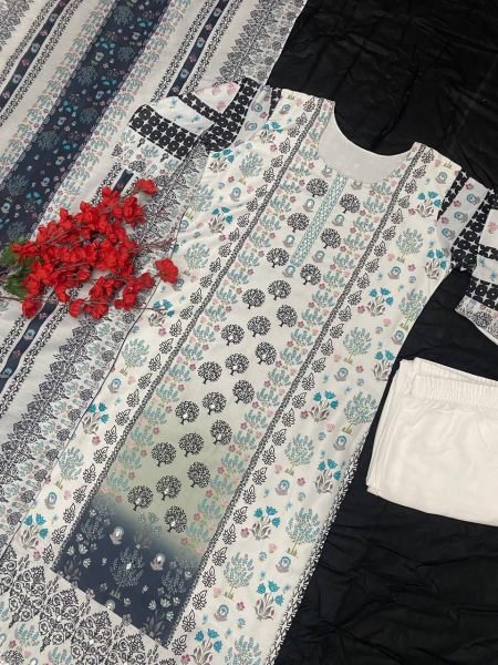 Festive, Party Wear White 3 pair kurti Suit  With Maslin fabric with digital prints Georgette Dupatta 3 Piece Kurti Set