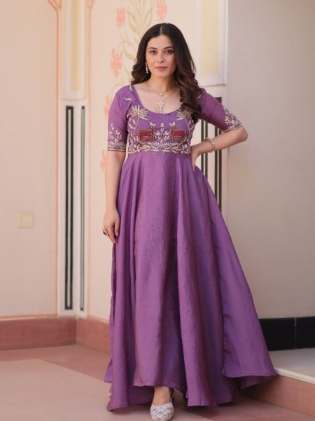 Festive Ready Gold &  Purple Flair Gowns Embroidered Elegance with Beads  & Shine 