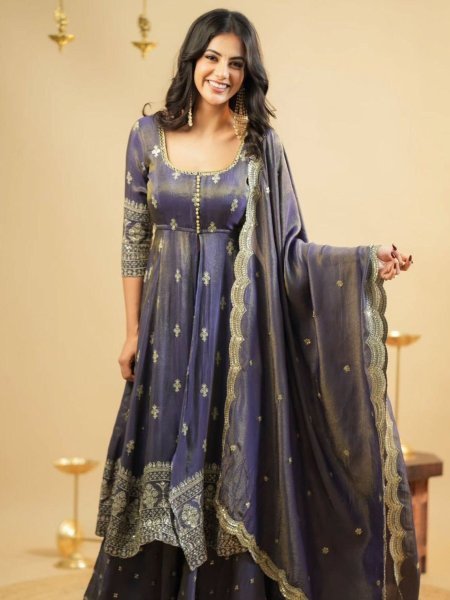 Festive Ready Midnight Blue Simmer Silk Lehenga Suit with Sequin Touch for Royal Vibes 