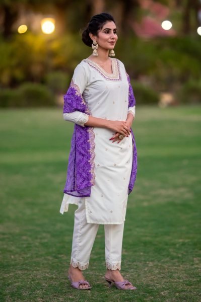 Festive Ready Roman Silk kurti set with Intricate Work 3 Piece Kurti Set