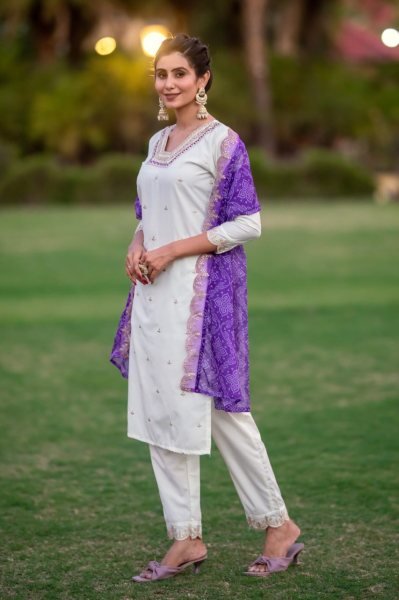 Festive Ready Roman Silk kurti set with Intricate Work 3 Piece Kurti Set